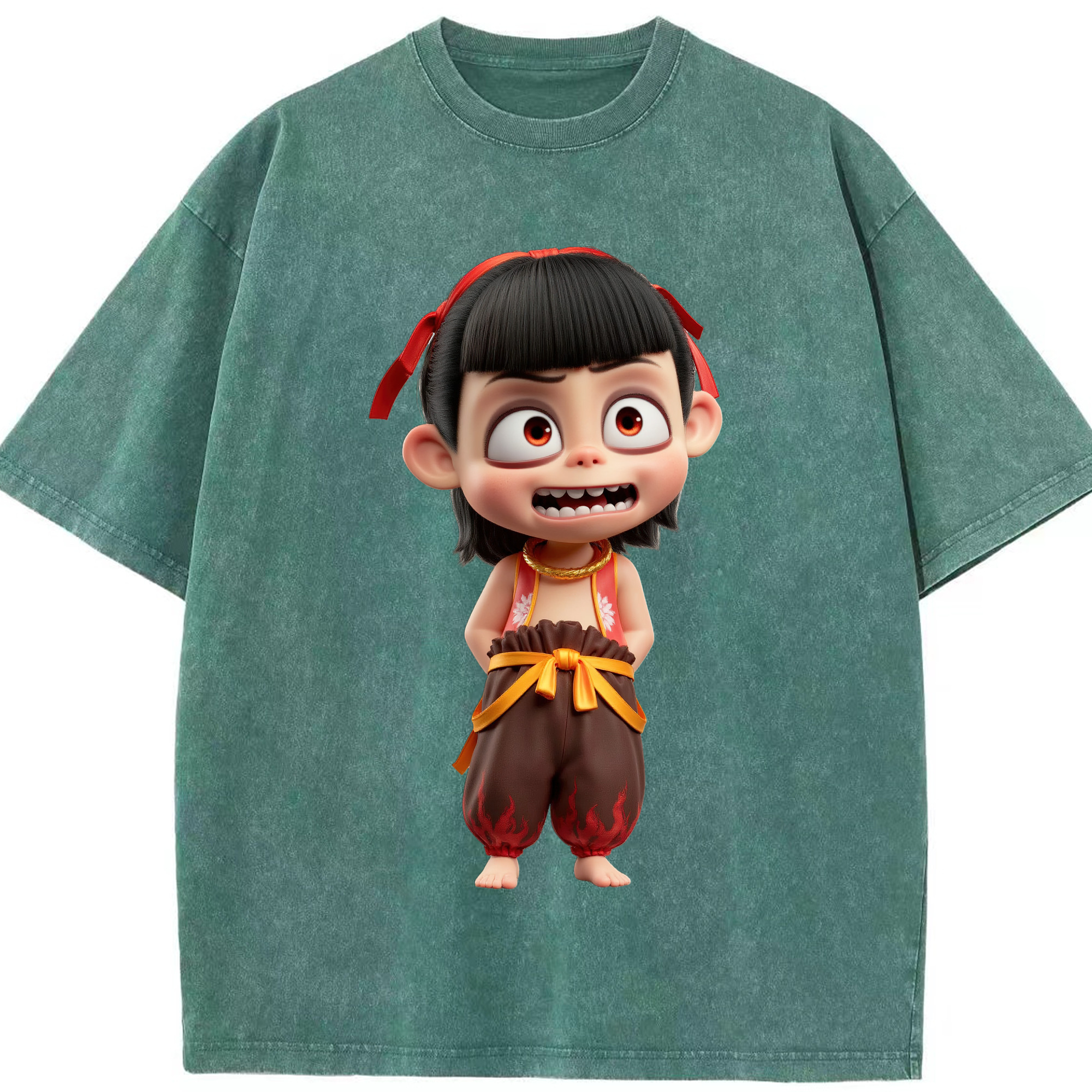 （画像用） Ne Zha 2 ナタ 魔童の大暴れ 綿100% ヴィンテージ風 半袖Tシャツ（フロントプリント）